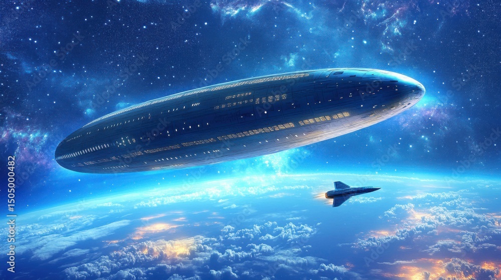 Fototapeta premium Futuristic Spaceship Soaring Above Earth A Stunning View of a Giant Mothership and a Smaller Craft in Orbit Against a Starry Sky