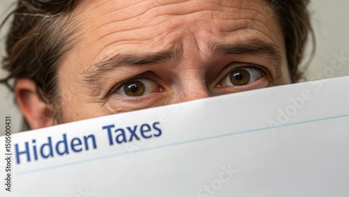 Citizen hidden tax concept. A person looks surprised while holding a document labeled 
