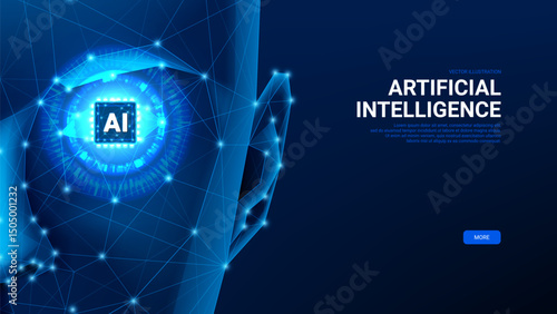 Concept of Artificial Intelligence head. Polygonal vector banner with silhouette of head with AI CPU instead of eye. Modern technology. Face of artificial Intelligence humanoid.