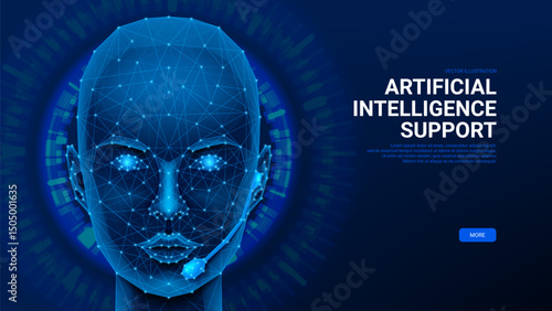 Artificial intelligence chatbot concept. Polygonal vector banner with silhouette of head of humanoid with headset. Modern technology. Support service concept with artificial intelligence.