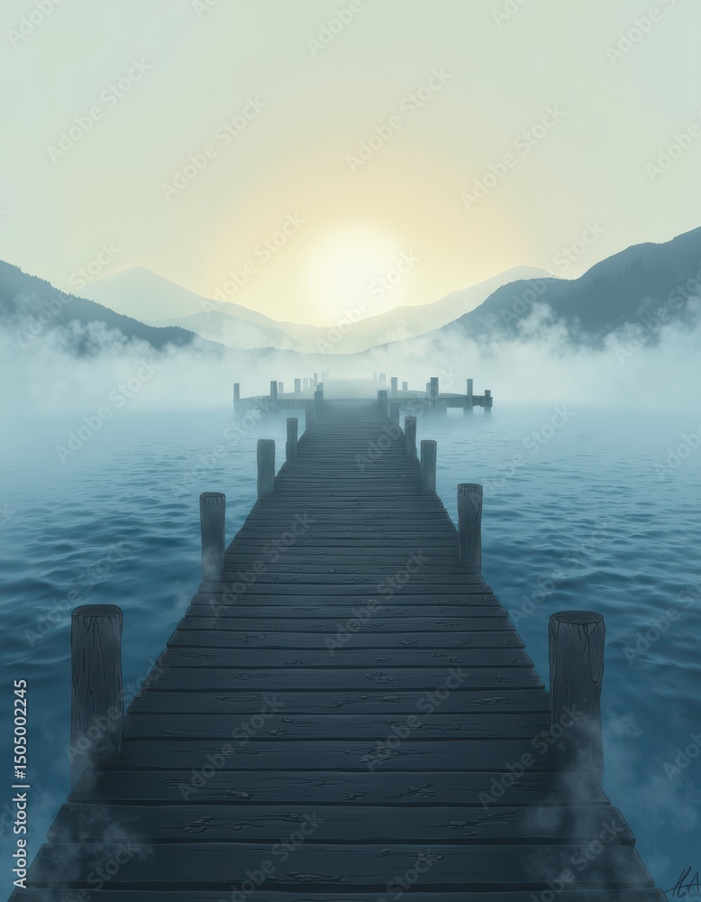 Naklejka premium A deserted pier stretching into mist over still water at sunrise
