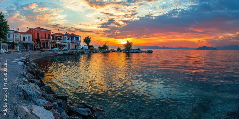 Obraz premium A panoramic sunset view of a Greek island, with the sea reflecting vibrant colors