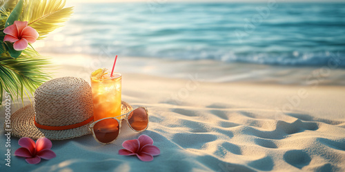Relaxing summer scene on a tropical beach. A straw hat, sunglasses, and a refreshing cocktail sit on the sand near ocean waves.