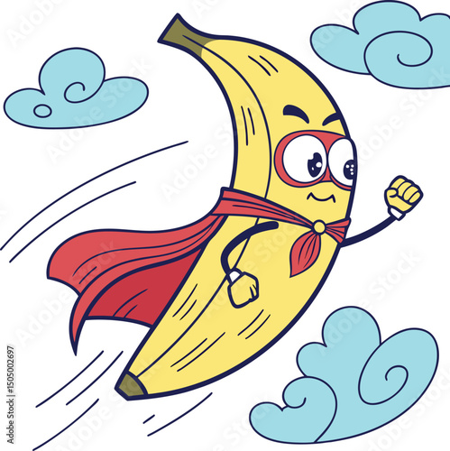 superhero banana flying cartoon fruit with red cape