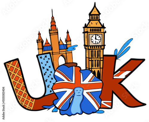 UK flag with detailed Big Ben clock tower vector, classic British identity symbol, cleanly isolated on white
