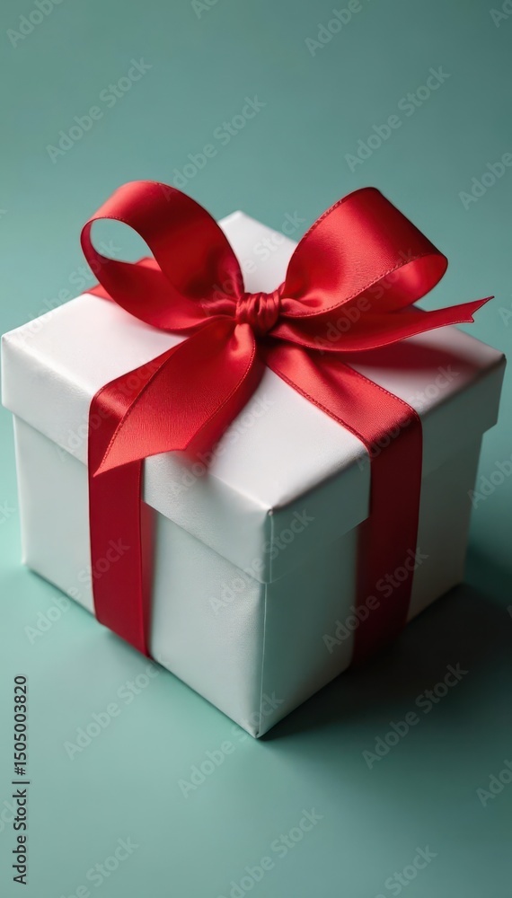 Fototapeta premium Elegant red ribbon tied gift box, satin texture, valentines day, handmade, luxury