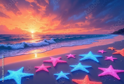 Luminous starfish creating constellations on undisturbed sandy beach