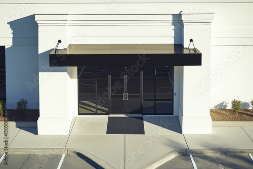 Modern commercial building entrance with black canopy and glass doors