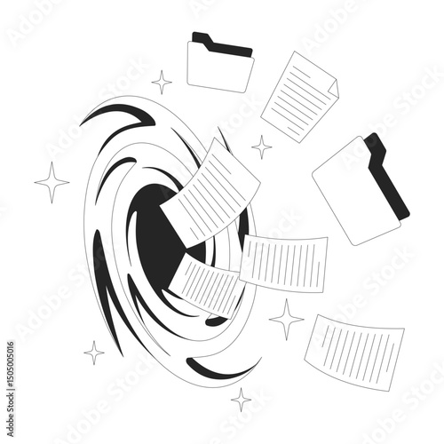 Files loss line illustration concept. Data corruption. Accidental deletion. Swirling vortex with flying folders and documents outline 2D composition isolated. Ink linear metaphor vector art