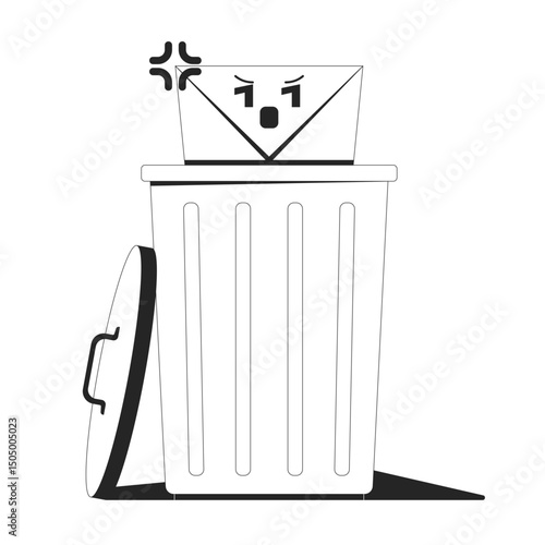 Deleting suspicious unwanted email line illustration concept. Spam e-mail envelope being thrown into trash bin. Junk message outline 2D composition isolated. Ink linear metaphor vector art
