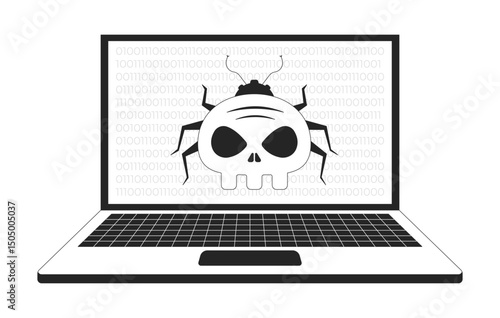 Virus computer bug on laptop line illustration concept. Cybersecurity threat. System hacking. Digital danger. Malware cyber infection outline 2D composition isolated. Ink linear metaphor vector art