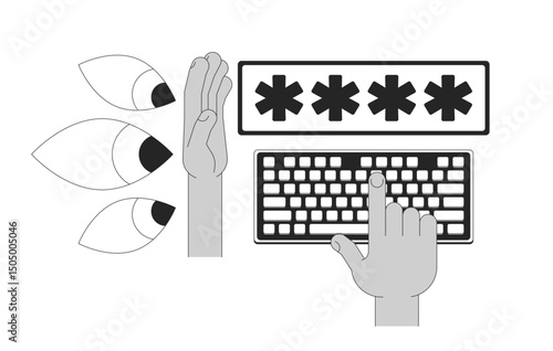 Password protection line illustration concept. Data security, privacy. Cybersecurity. Shielding typing keyboard from prying eyes outline 2D composition isolated. Ink linear metaphor vector art
