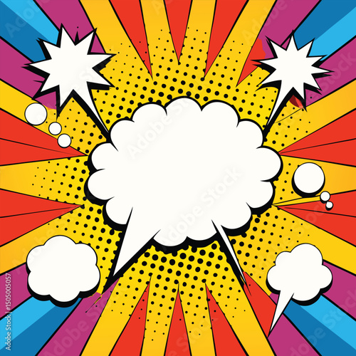 Colorful comic book background.Blank white speech bubbles of different shapes. Rays, radial, halftone, dotted effects. Vector illustration in pop art style