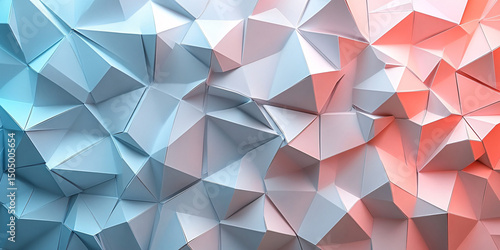 Abstract 3D render of a low-poly geometric pattern in shades of blue and coral.