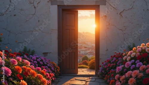 Old stone entrance with vibrant purple flowers in a quaint European village street