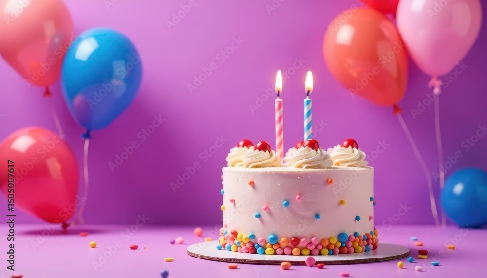 A festive birthday cake adorned with balloons, set against a vibrant purple background , joyful, element A festive birthday cake adorned with balloons, set against a vibrant purple background , joyful, element