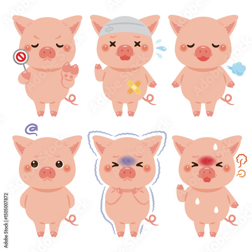様々な状態のブタのキャラクターイラストセット