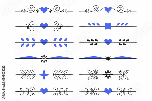 Set of decorative dividers with hearts flowers leaves and swirls elements