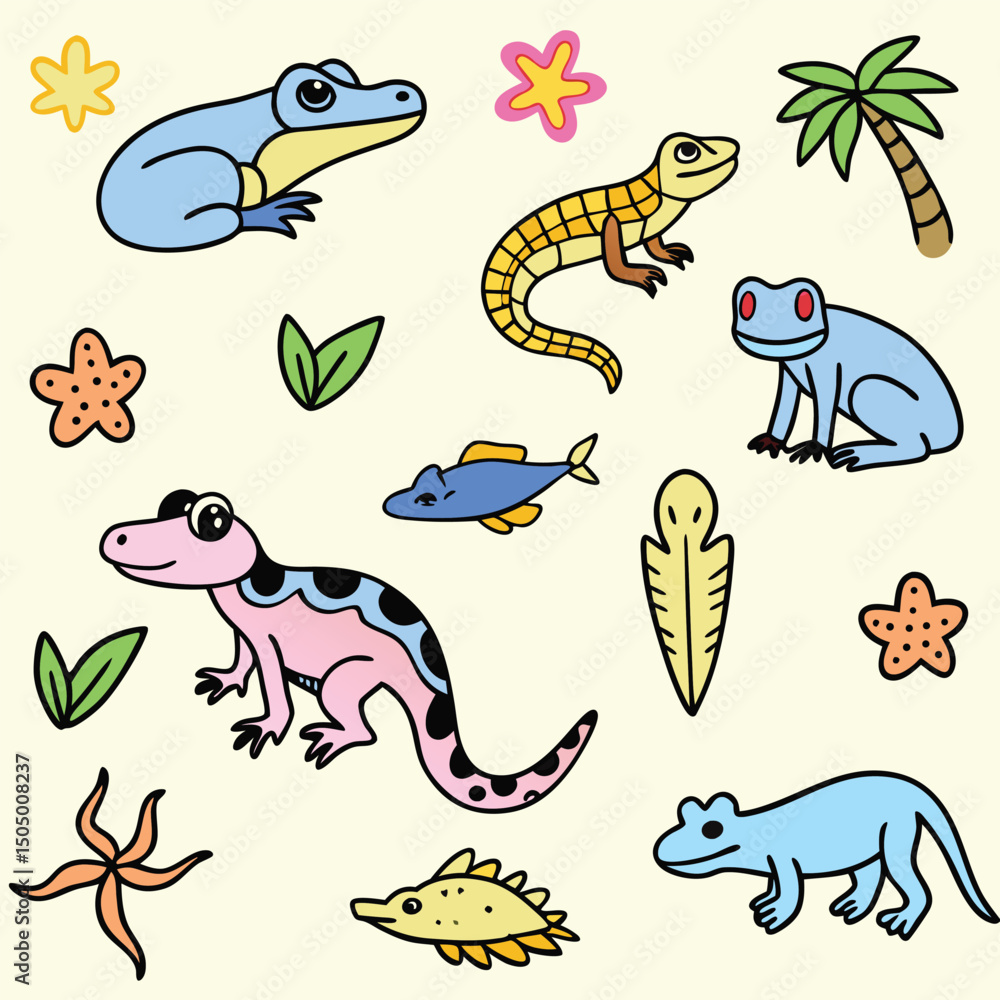 Obraz premium Cute Cartoon Animals Frogs, Lizards, and Fish Illustration