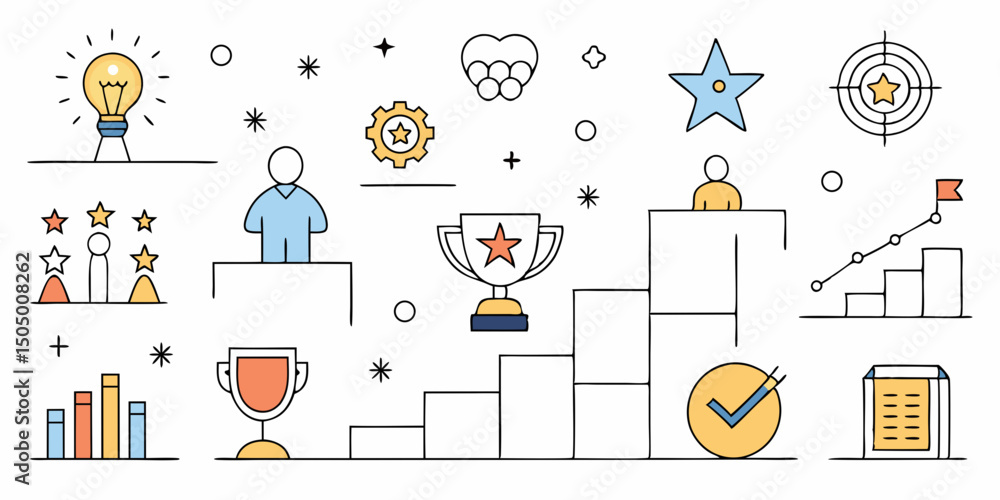 Fototapeta premium Business Success and Achievement Icons in Doodle Style on White Background