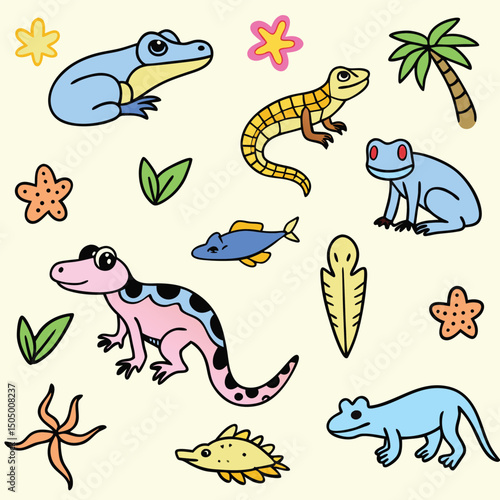 Cute Cartoon Animals Frogs, Lizards, and Fish Illustration