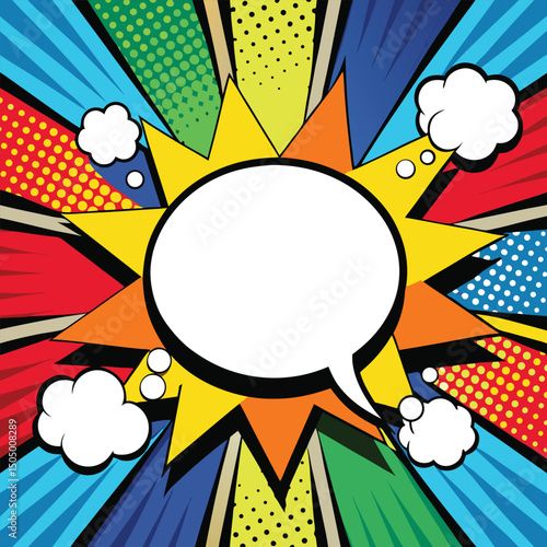 Colorful comic book background.Blank white speech bubbles of different shapes. Rays, radial, halftone, dotted effects. Vector illustration in pop art style