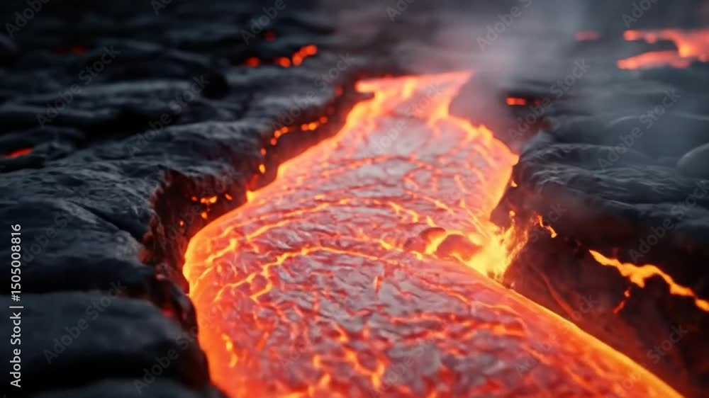 Flowing lava stream through volcanic landscape Flowing lava stream through volcanic landscape