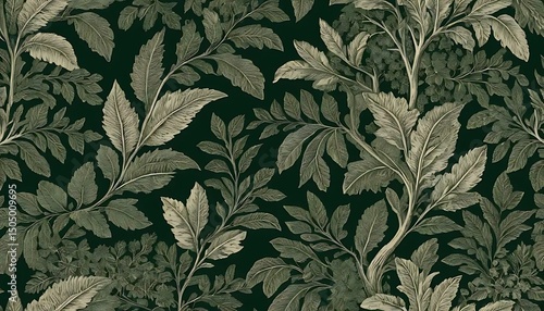 Intricate floral pattern featuring sketched leaves and branches against a dark green background.