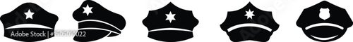 Black police hat icon set in flat style. Police officer uniform item with badge. Realistic policeman uniform headgear vector from law and justice for mobile app isolated on transparent background.