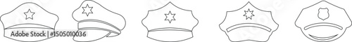 Black police hat icon set in flat style. Police officer uniform item with badge. Realistic policeman uniform headgear vector from law and justice for mobile app isolated on transparent background.