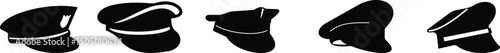 Black police hat icon set in flat style. Police officer uniform item with badge. Realistic policeman uniform headgear vector from law and justice for mobile app isolated on transparent background.