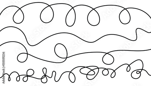 Set of hand drawn single line. curve doodle line. spiral line. black wire cable of usb and adapter. wave curly vector lines