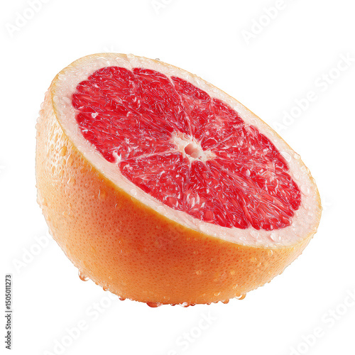 Juicy grapefruit half with vibrant red flesh and glistening droplets of water, showcasing its fresh and appetizing appearance. Perfect for healthy eating and refreshing drinks