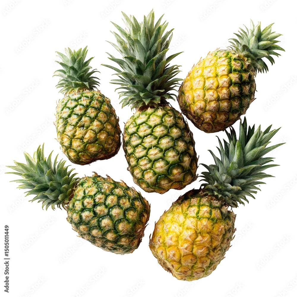 Fototapeta premium Fresh whole pineapples clustered together, showcasing their vibrant green and yellow hues, with textured skin and leafy tops, evoke tropical and refreshing feel