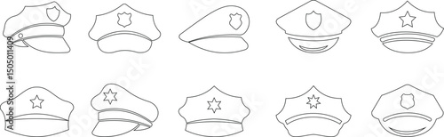 Black police hat icon set in flat style. Police officer uniform item with badge. Realistic policeman uniform headgear vector from law and justice for mobile app isolated on transparent background.