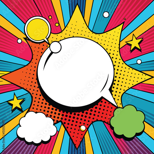 Colorful comic book background.Blank white speech bubbles of different shapes. Rays, radial, halftone, dotted effects. Vector illustration in pop art style