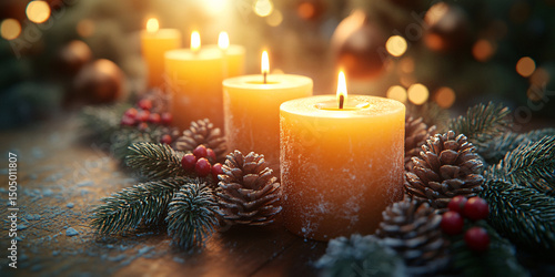 Close-up of three lit candles surrounded by festive Christmas decorations, including pine cones, berries, and fir branches.