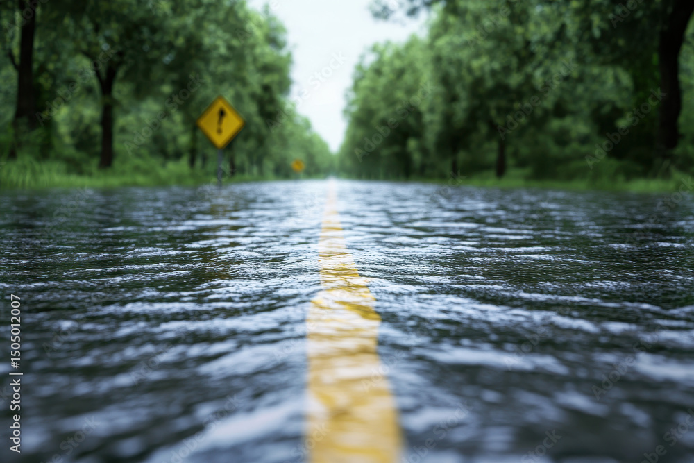 Fototapeta premium Flooded Road in a Forest - Rainy Day Scene