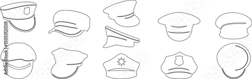 Black police hat icon set in flat style. Police officer uniform item with badge. Realistic policeman uniform headgear vector from law and justice for mobile app isolated on transparent background.