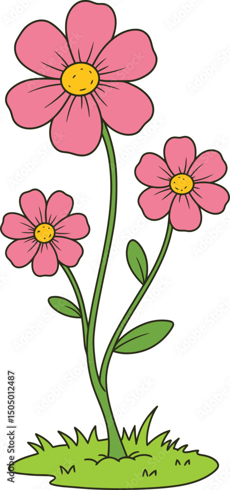 Obraz premium Cartoon Pink Flowers on Green Grass Patch – Cute Floral Illustration for Spring and Nature Themes