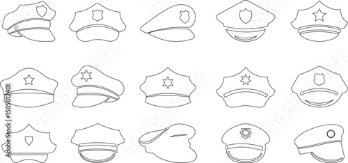 Black police hat icon set in flat style. Police officer uniform item with badge. Realistic policeman uniform headgear vector from law and justice for mobile app isolated on transparent background.