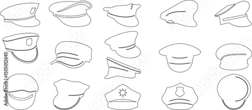 Black police hat icon set in flat style. Police officer uniform item with badge. Realistic policeman uniform headgear vector from law and justice for mobile app isolated on transparent background.