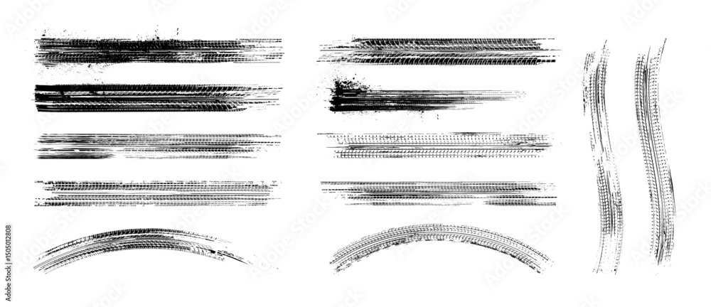 Fototapeta premium Tire tread patterns, wheel tracks, skidding, braking. Tire tracks - car racing, motocross, drag racing, rally, drift, off-road. Vector monochrome splashes grunge texture. Vector set of wheel treads