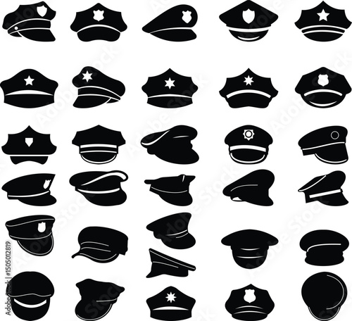 Black police hat icon set in flat style. Police officer uniform item with badge. Realistic policeman uniform headgear vector from law and justice for mobile app isolated on transparent background.