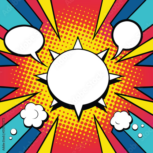 Colorful comic book background.Blank white speech bubbles of different shapes. Rays, radial, halftone, dotted effects. Vector illustration in pop art style