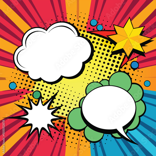 Colorful comic book background.Blank white speech bubbles of different shapes. Rays, radial, halftone, dotted effects. Vector illustration in pop art style