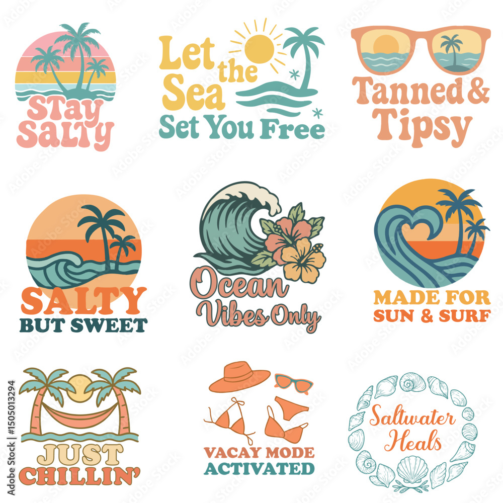 Fototapeta premium colllection of - Vintage Summer T-shirt Vector, Summer Vacation Illustration, Summer Season Sayings, Trendy Summer Beach Shirt Art 