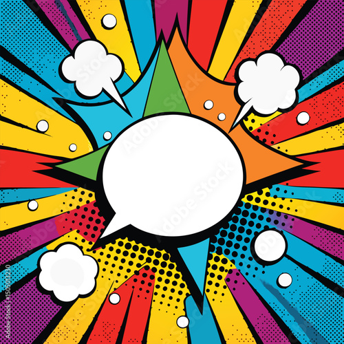 Colorful comic book background.Blank white speech bubbles of different shapes. Rays, radial, halftone, dotted effects. Vector illustration in pop art style