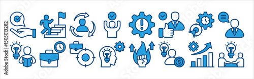 Mentoring icon collection set. Containing Working Time, Focus, Knowledge, Motivation, Entrepreneurs, Growing and Mentoring.