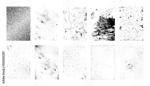 Different types Overlay Textures. Wall, dust, grainy, vintage. Grunge stamps with high particle detail. Overlay texture surface - photocopy, old wall, letterpress effect, urban grunge. Vector set